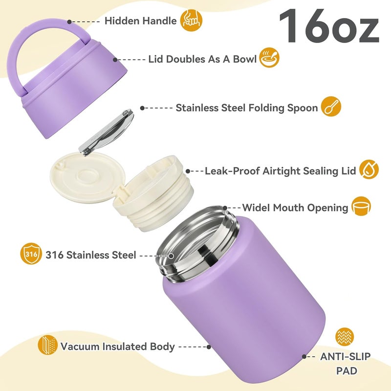 Haweek Soup Thermo for Hot Food Kids 16oz Insulated Food Jar Leakproof Thermo Lunch Container for Kids Wide-Mouth Stainless Steel Lunch Box for School with Handle Folding Spoon(3+)​ - Image 4